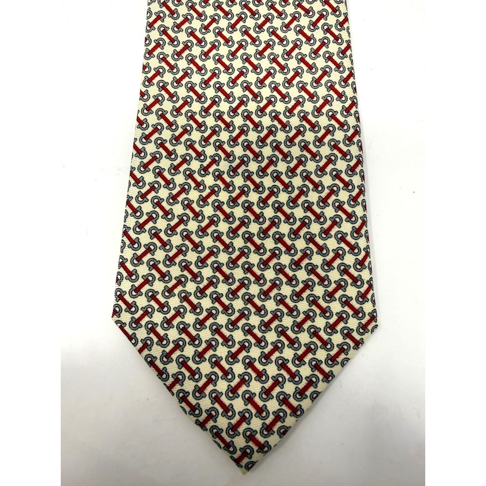 City One Mens Necktie Cream Red Grey Equestrian Horse Bit Pattern Wide Classic